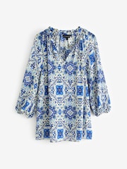 Live Unlimited Blue Curve Tile Print Ruffle Neck Blouse - Image 1 of 7