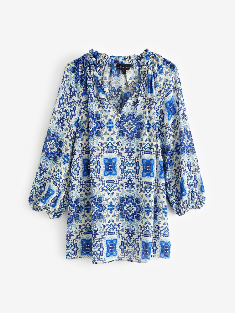Live Unlimited Blue Curve Tile Print Ruffle Neck Blouse - Image 1 of 7
