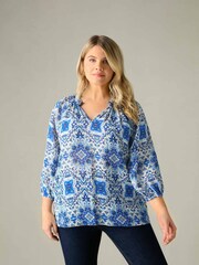 Live Unlimited Blue Curve Tile Print Ruffle Neck Blouse - Image 3 of 7