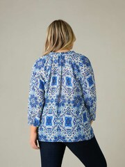 Live Unlimited Blue Curve Tile Print Ruffle Neck Blouse - Image 4 of 7