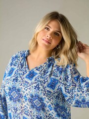 Live Unlimited Blue Curve Tile Print Ruffle Neck Blouse - Image 5 of 7