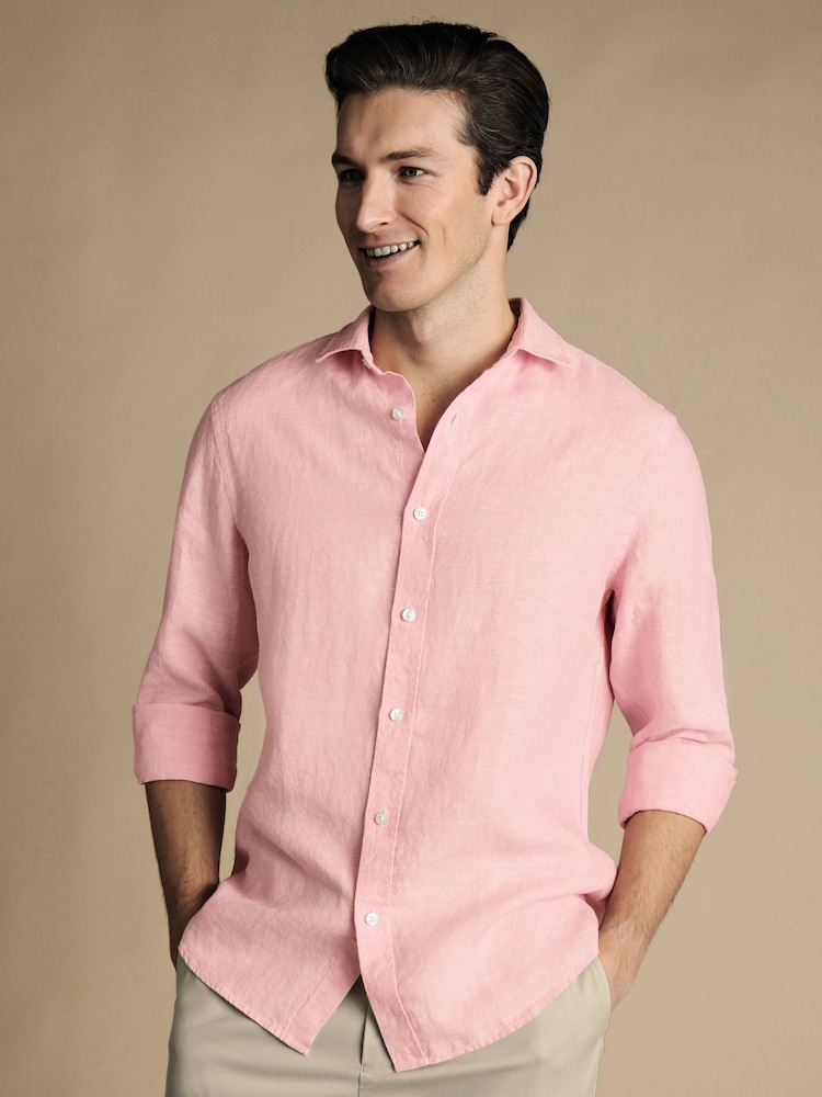 Pink - Charles Tyrwhitt Kurzärmeliges Hemd aus 100 % Leinen in Slim-Fit, Uni - Bild 1 von 6