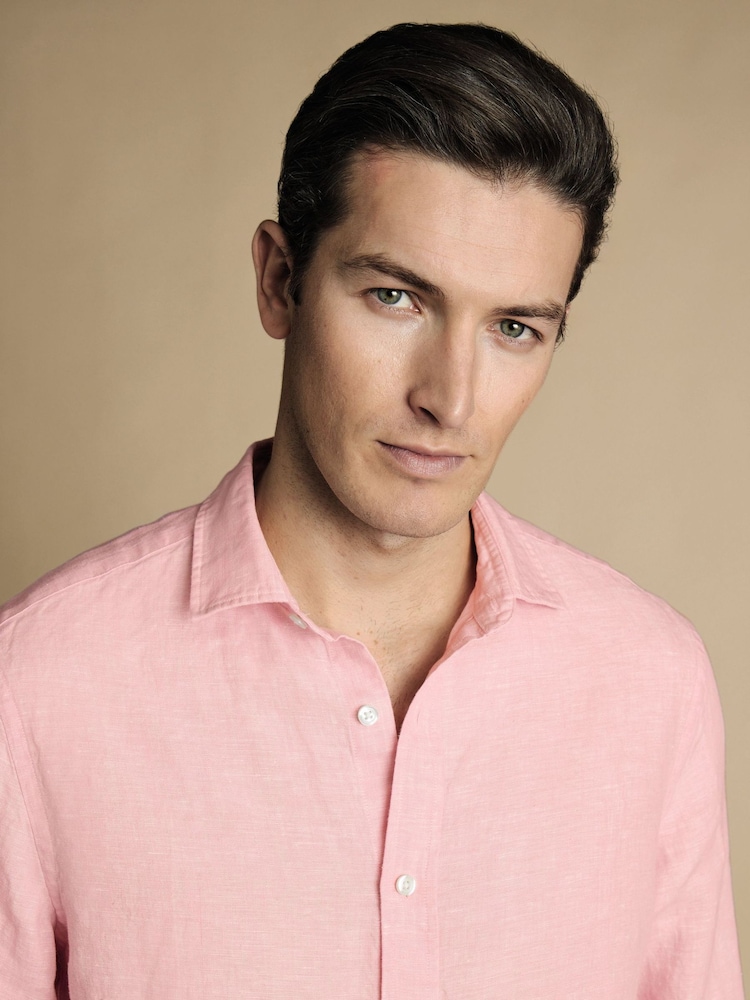 Pink - Charles Tyrwhitt Kurzärmeliges Hemd aus 100 % Leinen in Slim-Fit, Uni - Bild 2 von 6