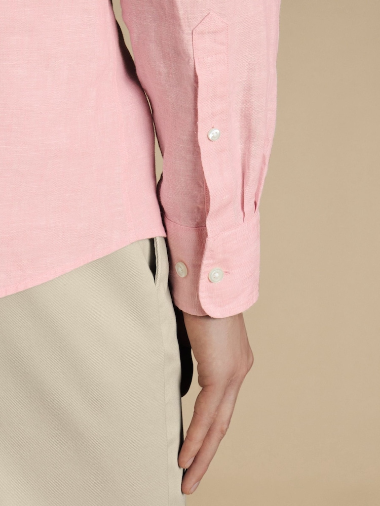 Charles Tyrwhitt Pink Slim Fit Plain Short Sleeve Pure 100% Linen Shirt - Image 3 of 6