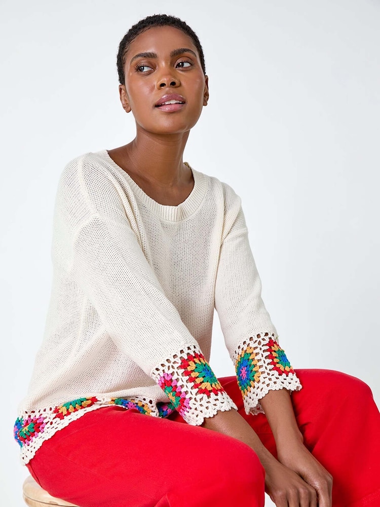 Roman White Floral Crochet Hem 100% Cotton Jumper - Image 1 of 5 Roman White Floral Crochet Hem 100% Cotton Jumper - Image 1 of 5