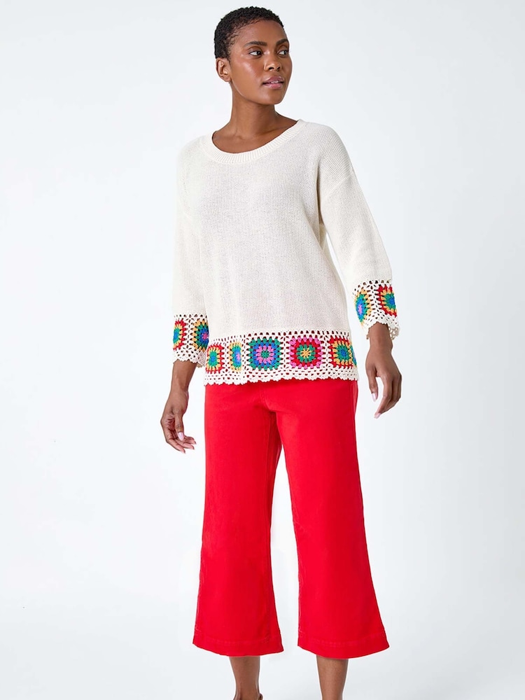 Roman White Floral Crochet Hem 100% Cotton Jumper - Image 2 of 5 Roman White Floral Crochet Hem 100% Cotton Jumper - Image 2 of 5