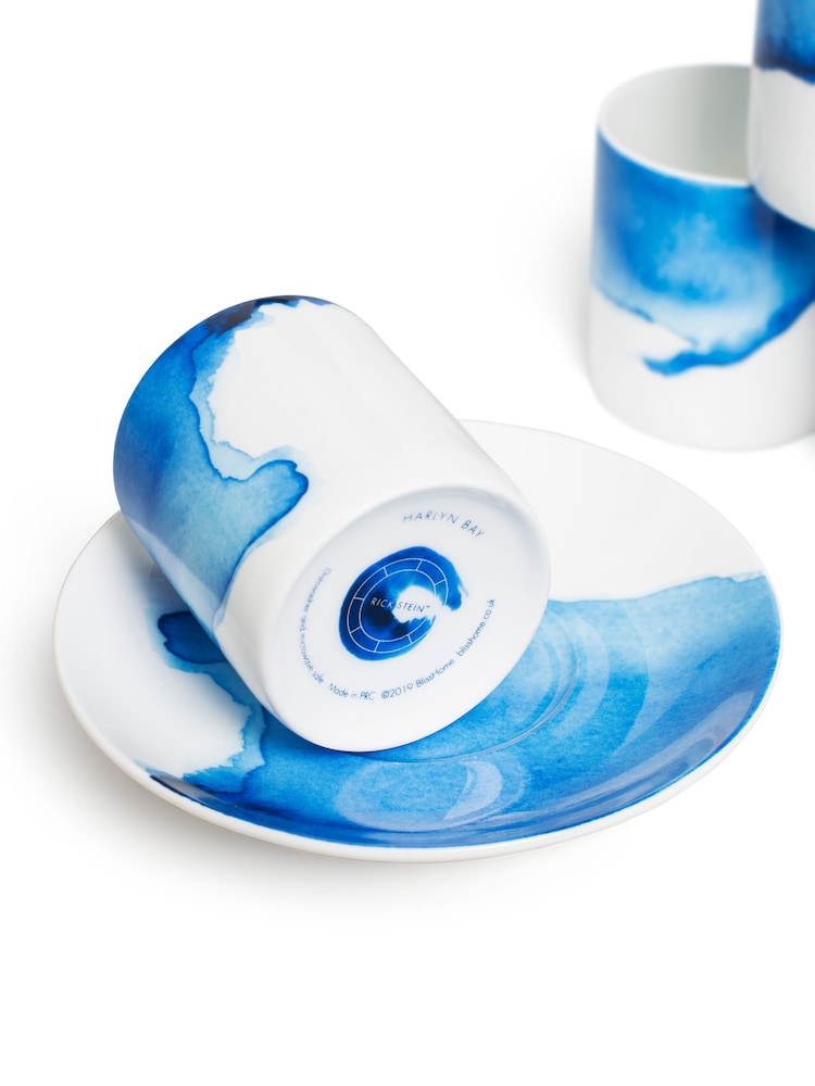 Rick Stein Set of 4 Blue Coves of Cornwall Espresso Cup & Saucers - Image 2 of 4