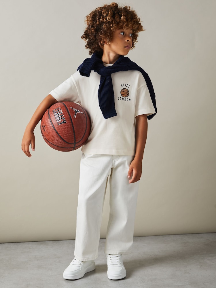 Reiss Off White Kirby Junior Oversized Cotton Basketball Motif T-Shirt - Image 1 of 5