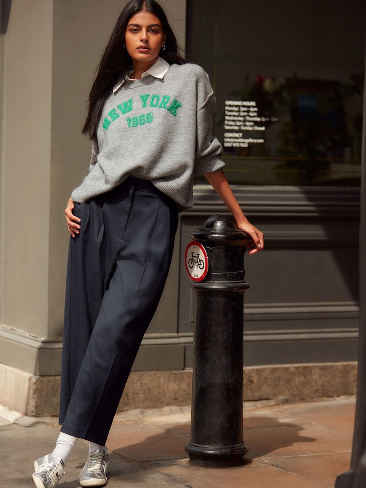 Navy Blue Pinstripe Barrel Trousers - Image 1 of 8