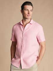 Charles Tyrwhitt Pink Classic Fit Plain Short Sleeve Pure 100% Linen Shirt - Image 1 of 5