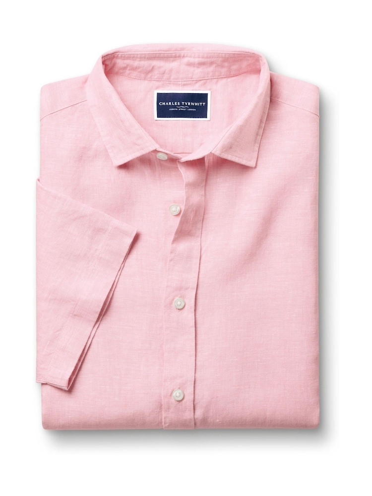 Charles Tyrwhitt Pink Classic Fit Plain Short Sleeve Pure 100% Linen Shirt - Image 3 of 5