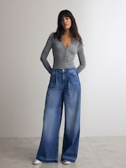 Grey Ribbed Long Sleeve Henley Bodysuit - Image 4 of 8