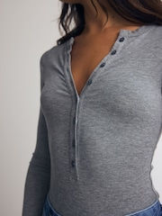 Grey Ribbed Long Sleeve Henley Bodysuit - Image 5 of 8