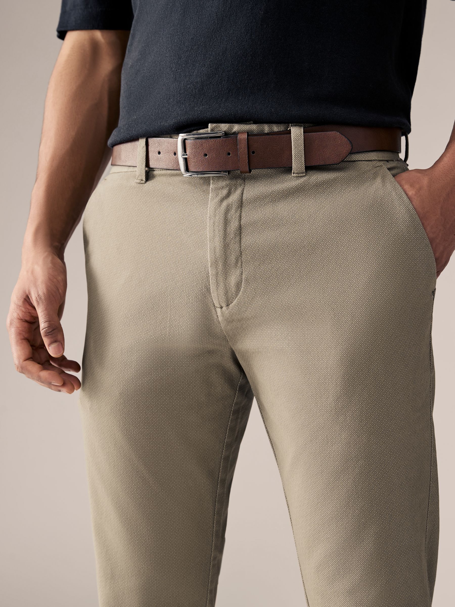 Buy Navy Slim Fit Printed Belted Soft Touch Chino Trousers 2