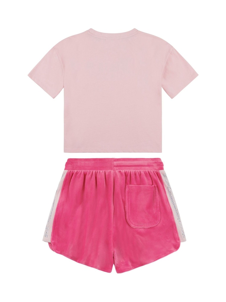 وردي - طقم للبنات من تيشِرت مُزيّن بطبعة معيّن هندسي وشورت من القطن 100% من Juicy Couture - صورة 2 من 4