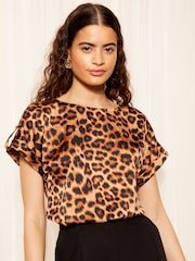 Friends Like These Leopard Browm Printed Satin Utility Short Sleeve Top - Image 1 of 4
