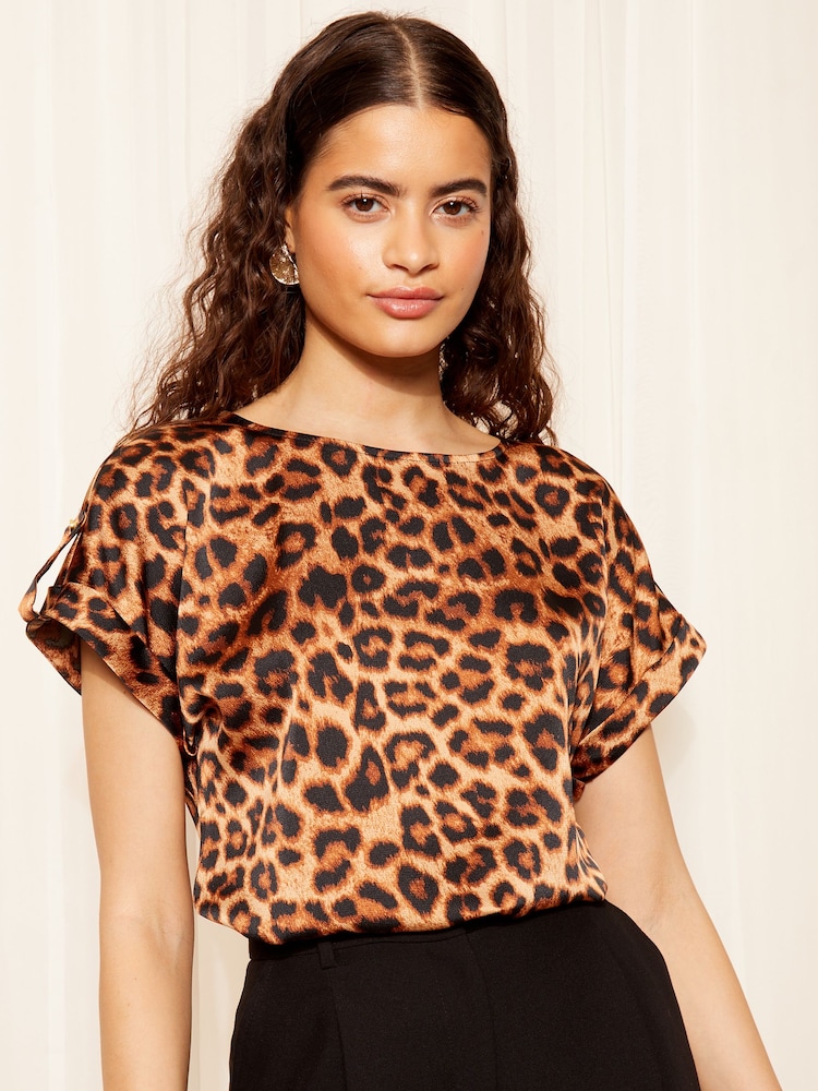 Friends Like These Leopard Browm Printed Satin Utility Short Sleeve Top - Image 1 of 4