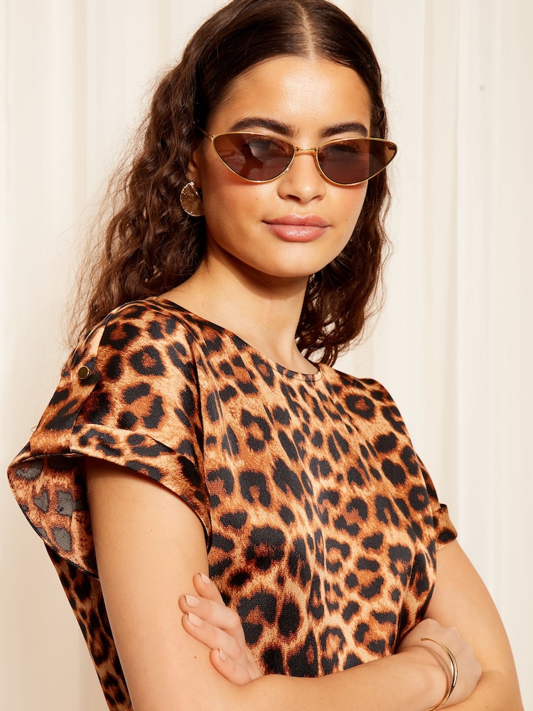 Friends Like These Leopard Browm Printed Satin Utility Short Sleeve Top - Image 2 of 4