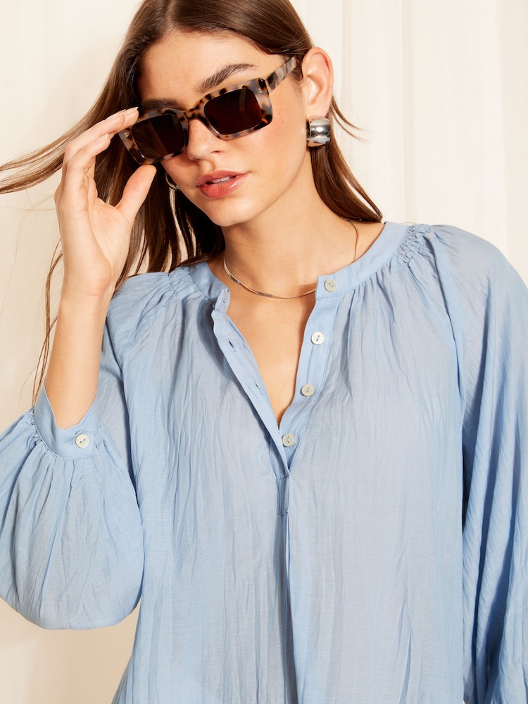 Friends Like These Blue Premium Cotton Button Up V Neck Blouse - Image 2 of 4 Friends Like These Blue Premium Cotton Button Up V Neck Blouse - Image 2 of 4