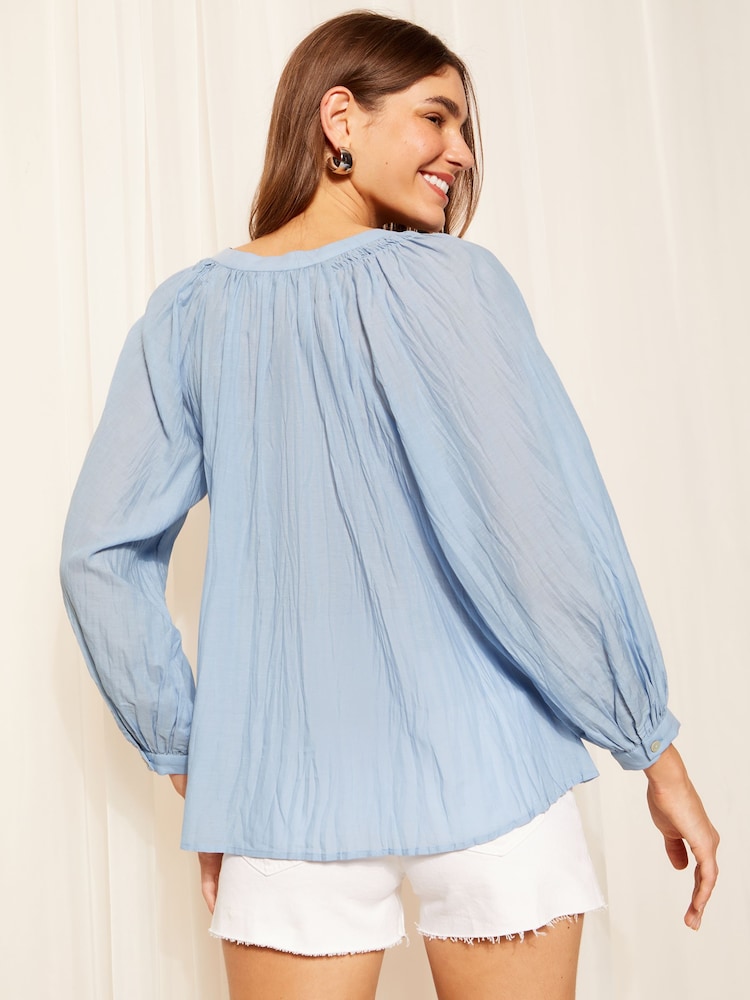 Friends Like These Blue Premium Cotton Button Up V Neck Blouse - Image 4 of 4 Friends Like These Blue Premium Cotton Button Up V Neck Blouse - Image 4 of 4
