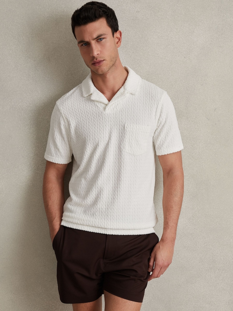 Reiss White Cuba Towelling Cable Knit Polo Shirt - Image 1 of 6