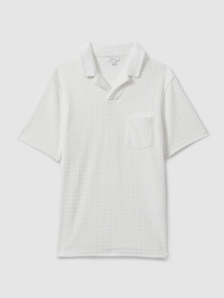 Reiss White Cuba Towelling Cable Knit Polo Shirt - Image 2 of 6 Reiss White Cuba Towelling Cable Knit Polo Shirt - Image 2 of 6