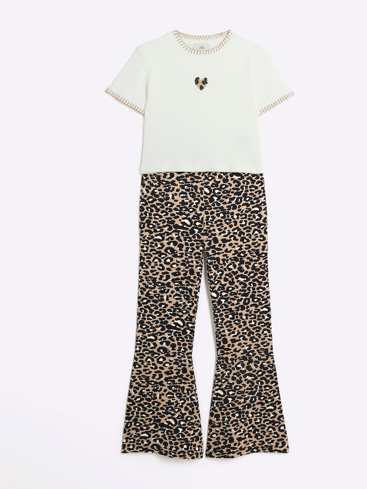 River Island Brown Girls Leopard 100% Cotton T-Shirt and Kickflare Set - Image 1 of 5 River Island Brown Girls Leopard 100% Cotton T-Shirt and Kickflare Set - Image 1 of 5
