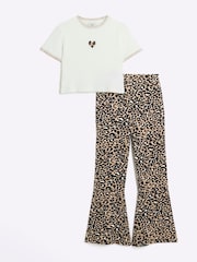 River Island Brown Girls  Leopard 100% Cotton T-Shirt and Kickflare Set - Image 2 of 5