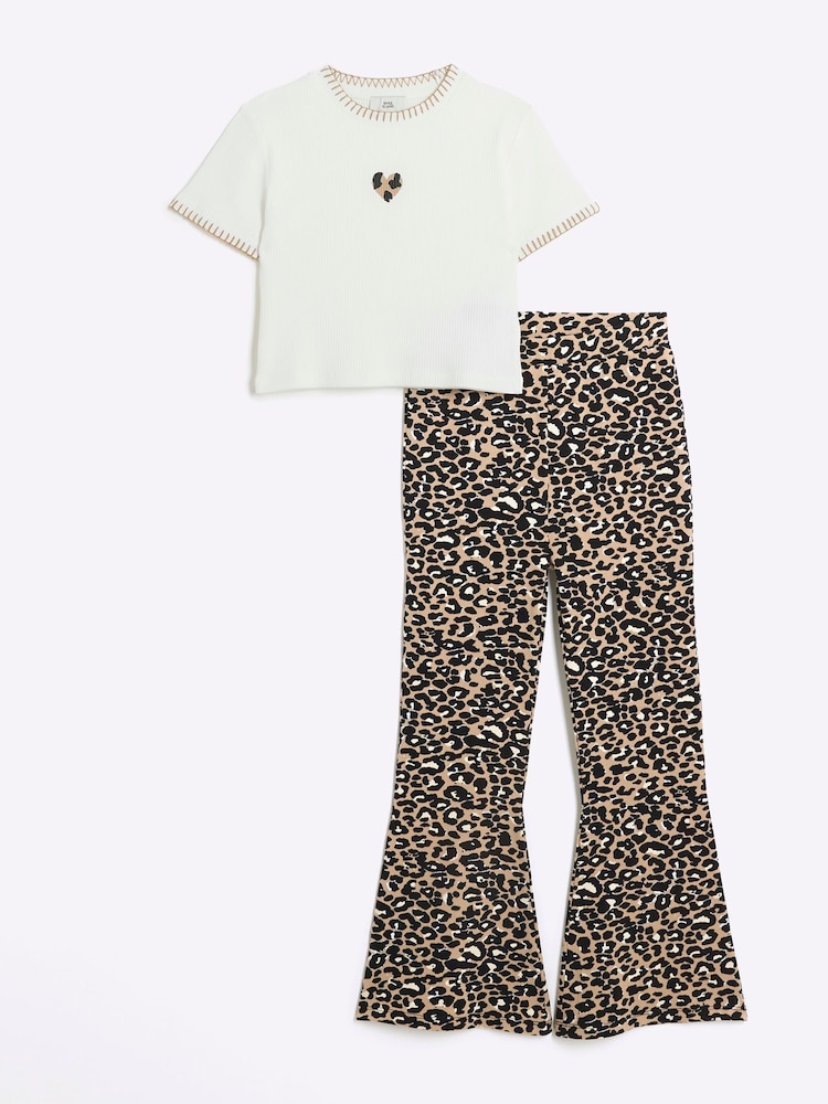 River Island Brown Girls Leopard 100% Cotton T-Shirt and Kickflare Set - Image 2 of 5 River Island Brown Girls Leopard 100% Cotton T-Shirt and Kickflare Set - Image 2 of 5