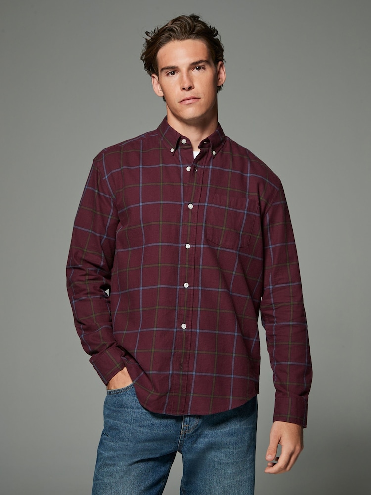 Burgundy Red Check Long Sleeve 100% Cotton Oxford Shirt - Image 1 of 7
