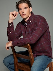 Burgundy Red Check Long Sleeve 100% Cotton Oxford Shirt - Image 2 of 7
