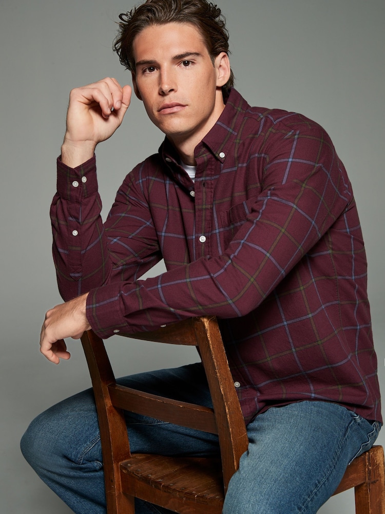 Burgundy Red Check Long Sleeve 100% Cotton Oxford Shirt - Image 2 of 7
