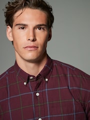 Burgundy Red Check Long Sleeve 100% Cotton Oxford Shirt - Image 4 of 7