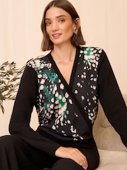 Love & Roses Black Print Fine Gauge Woven Mix Wrap Jumper - Image 1 of 4