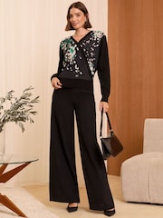 Love & Roses Black Print Fine Gauge Woven Mix Wrap Jumper - Image 3 of 4
