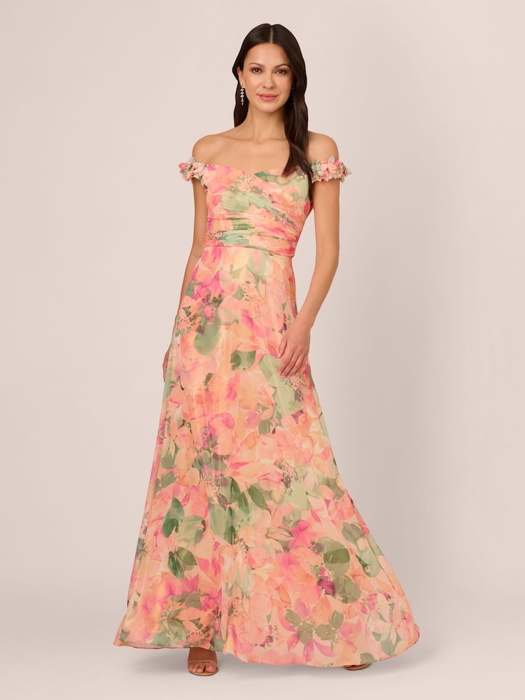 Adrianna Papell Pink Printed Chiffon Gown - Image 1 of 7