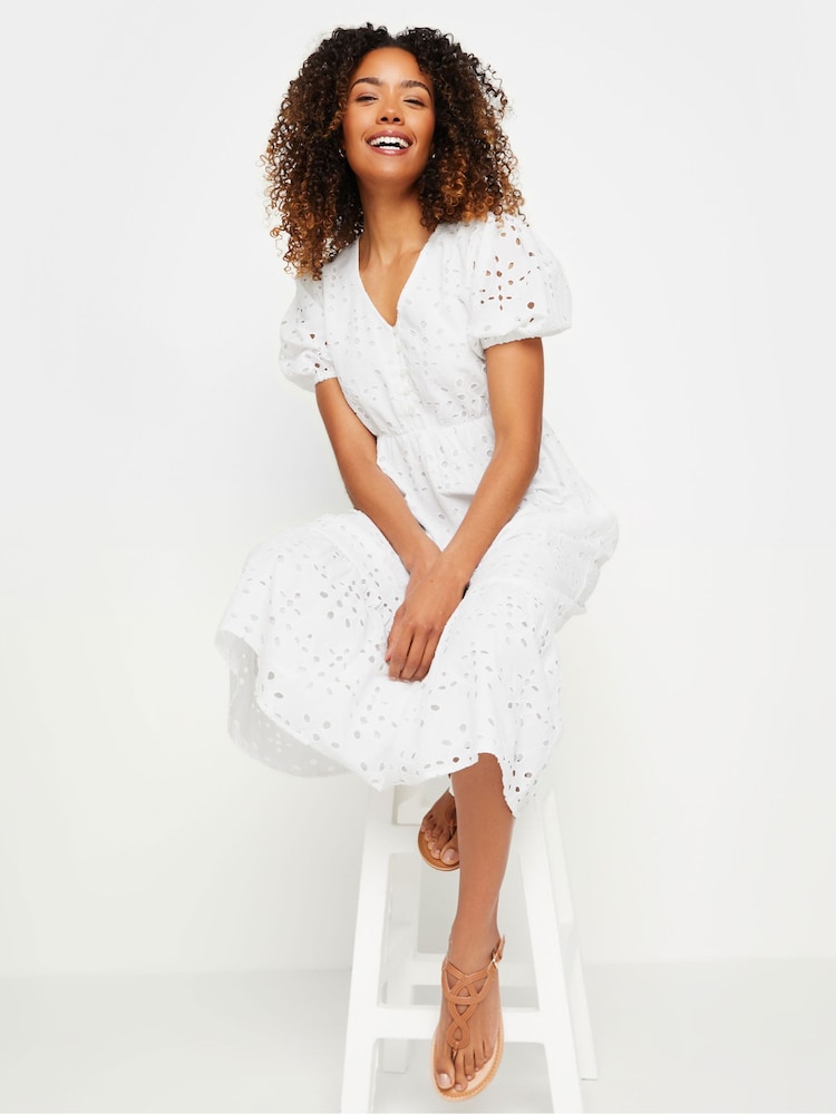 M&Co White 100% Cotton Broderie Anglaise Midi Dress - Image 2 of 5