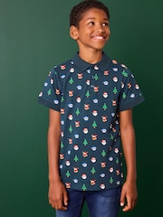 Navy Blue - Christmas Short Sleeve 100% Cotton Polo Shirt (3-16yrs) - Image 1 of 7