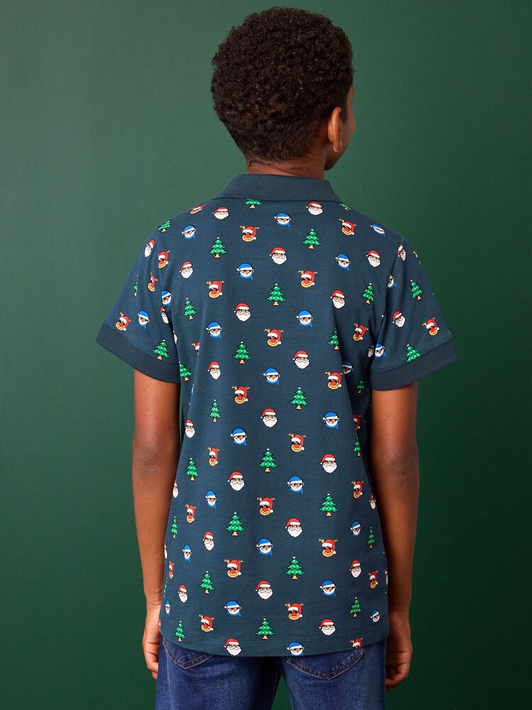 Navy Blue - Christmas Short Sleeve 100% Cotton Polo Shirt (3-16yrs) - Image 2 of 7 Navy Blue - Christmas Short Sleeve 100% Cotton Polo Shirt (3-16yrs) - Image 2 of 7