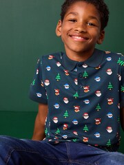 Navy Blue - Christmas Short Sleeve 100% Cotton Polo Shirt (3-16yrs) - Image 3 of 7