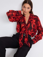 Red Bow Print Long Sleeve Tie Neck Blouse - Image 1 of 8