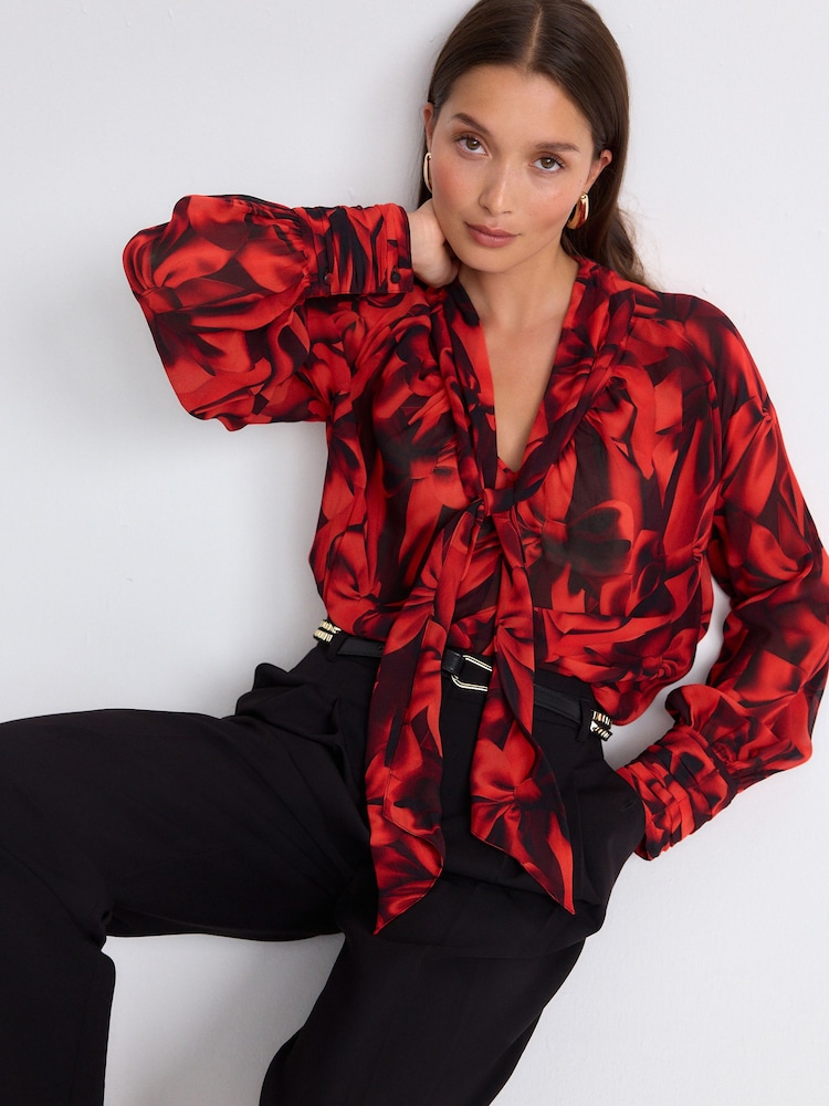 Red Bow Print Long Sleeve Tie Neck Blouse - Image 1 of 8