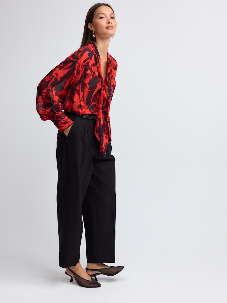 Red Bow Print Long Sleeve Tie Neck Blouse - Image 2 of 8