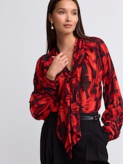 Red Bow Print Long Sleeve Tie Neck Blouse - Image 3 of 8