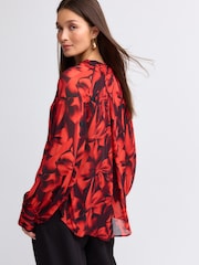 Red Bow Print Long Sleeve Tie Neck Blouse - Image 4 of 8