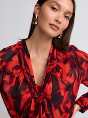 Red Bow Print Long Sleeve Tie Neck Blouse - Image 5 of 8