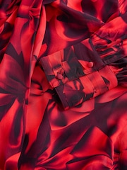 Red Bow Print Long Sleeve Tie Neck Blouse - Image 8 of 8