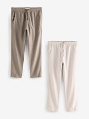 Mushroom Brown/Light Grey Linen Cotton Elasticated Drawstring Trousers 2 Pack - Image 1 of 24