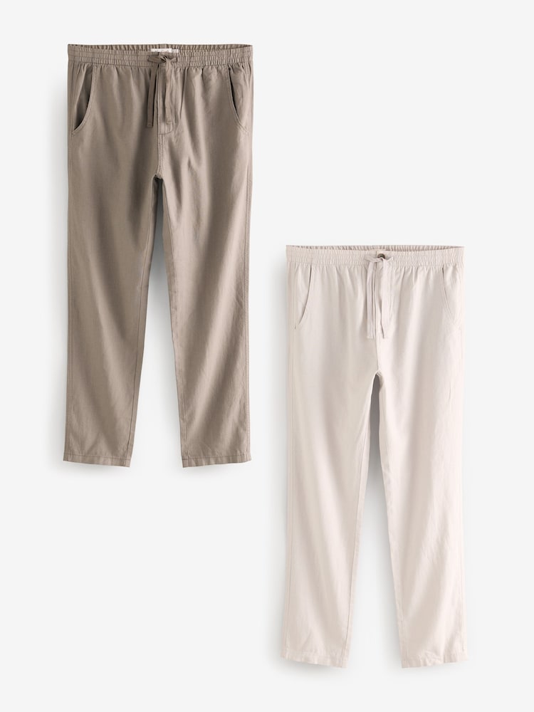 Mushroom Brown/Light Grey Linen Cotton Elasticated Drawstring Trousers 2 Pack - Image 1 of 24