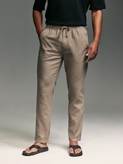 Mushroom Brown/Light Grey Linen Cotton Elasticated Drawstring Trousers 2 Pack - Image 10 of 24